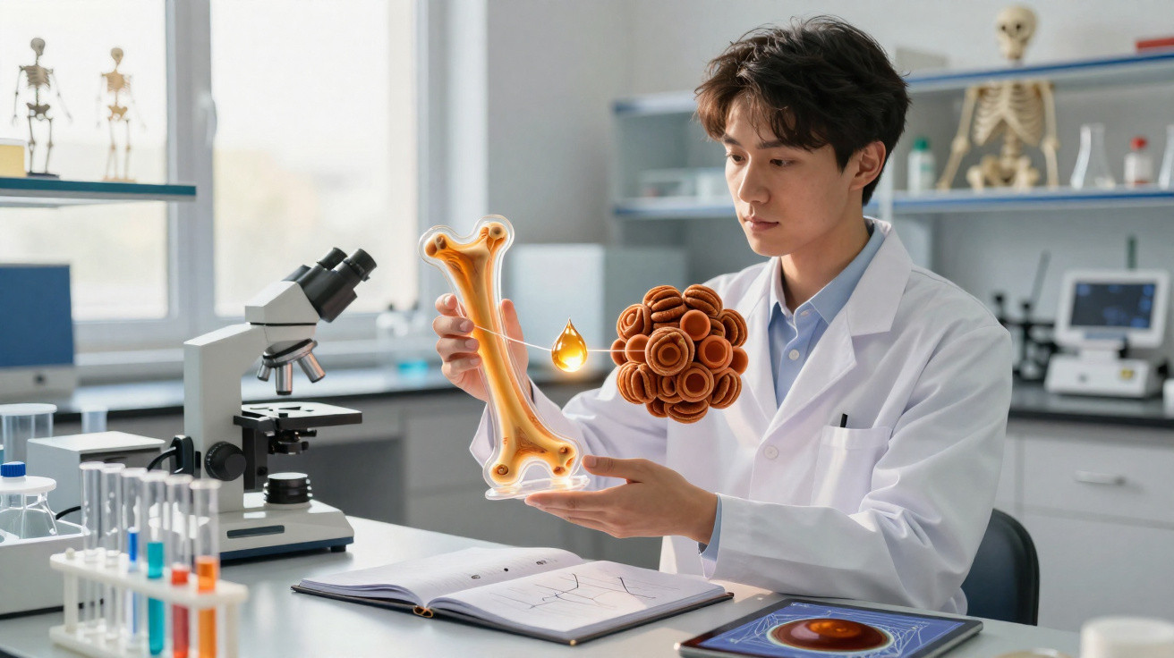Cientista em laboratório analisa modelo digital de osso e células para estudo científico.