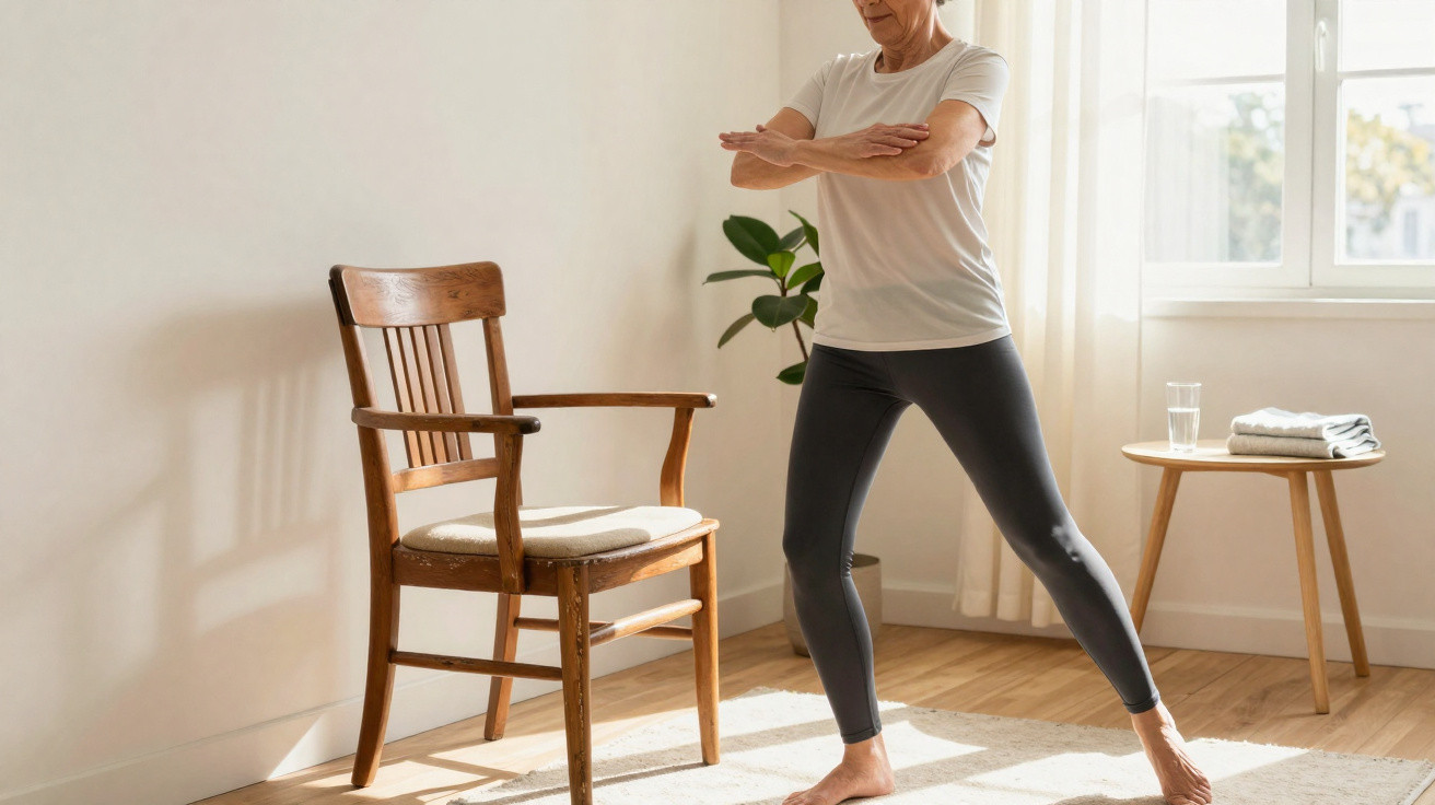 Mulher madura a fazer exercício físico em casa, perto de uma cadeira e de uma mesa com toalhas e copo de água.