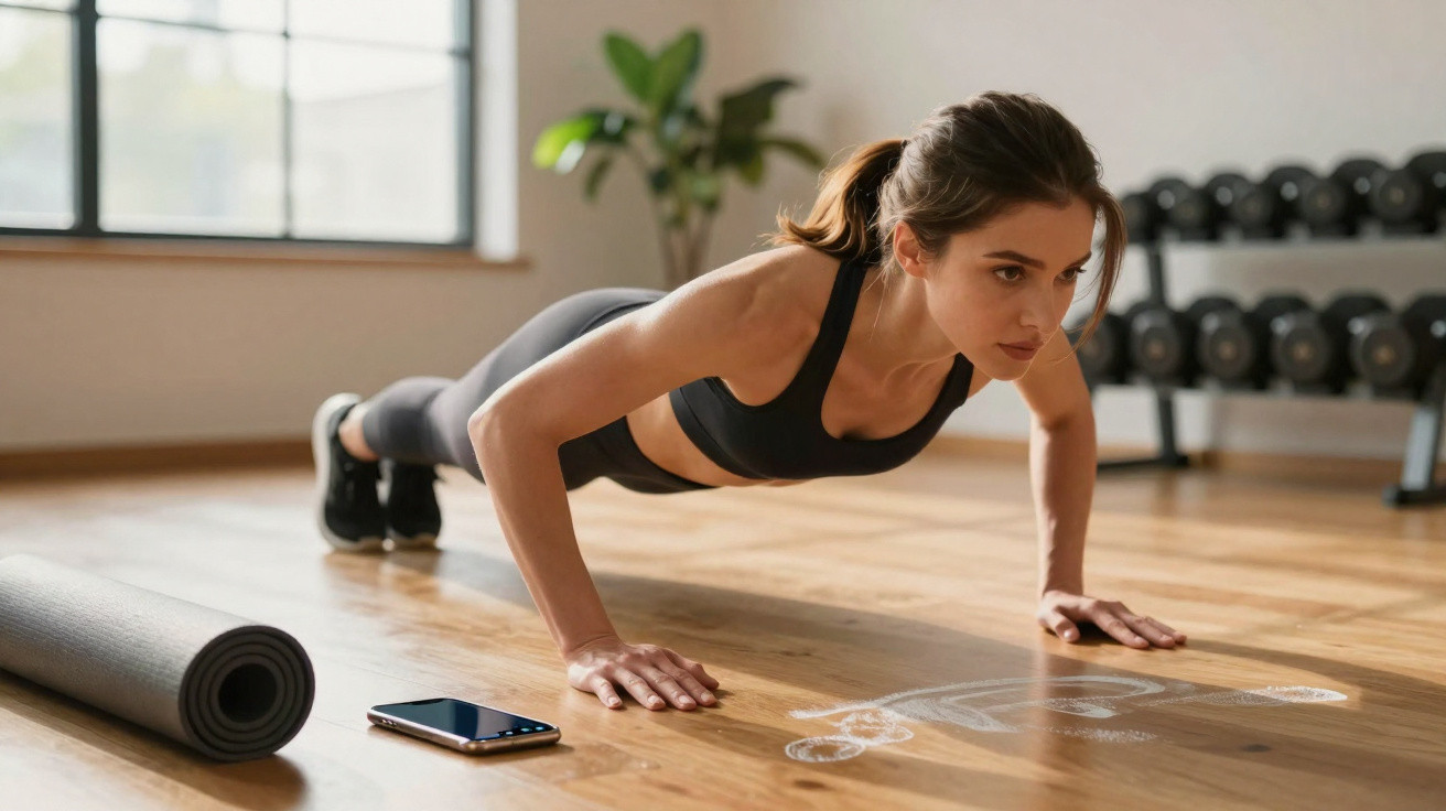 Mulher a fazer flexões no chão de um ginásio com tapete de yoga e smartphone ao lado.