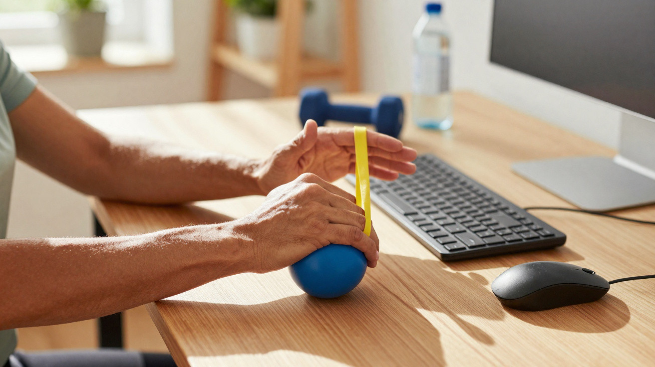 Mãos masculinas a exercitar a mão com bola e banda elástica junto a um teclado e rato de computador numa mesa de madeira.