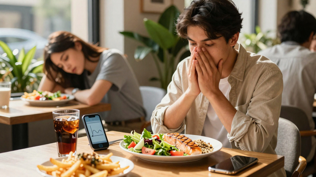 Homem preocupado olhando para o prato de salada e salmão num restaurante com mulher ao fundo.