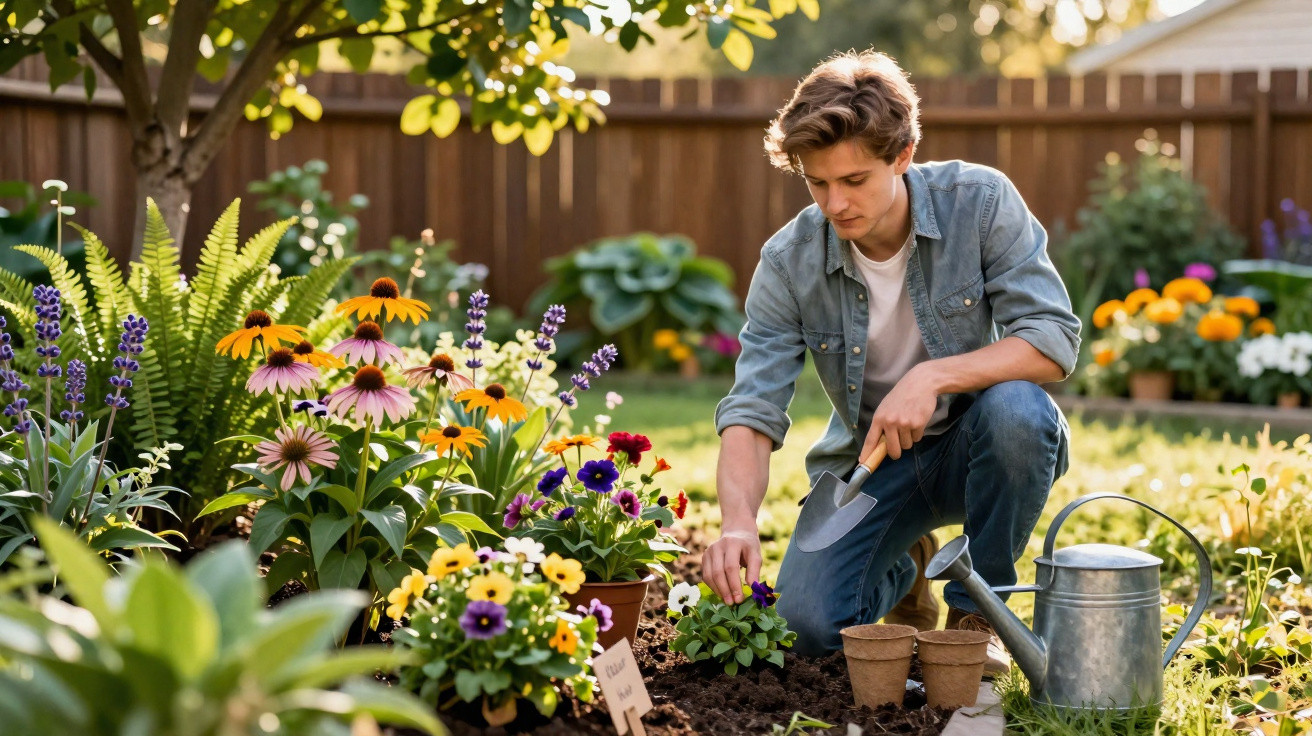Jovem a cuidar de flores coloridas num jardim, com regador e ferramenta de jardinagem.