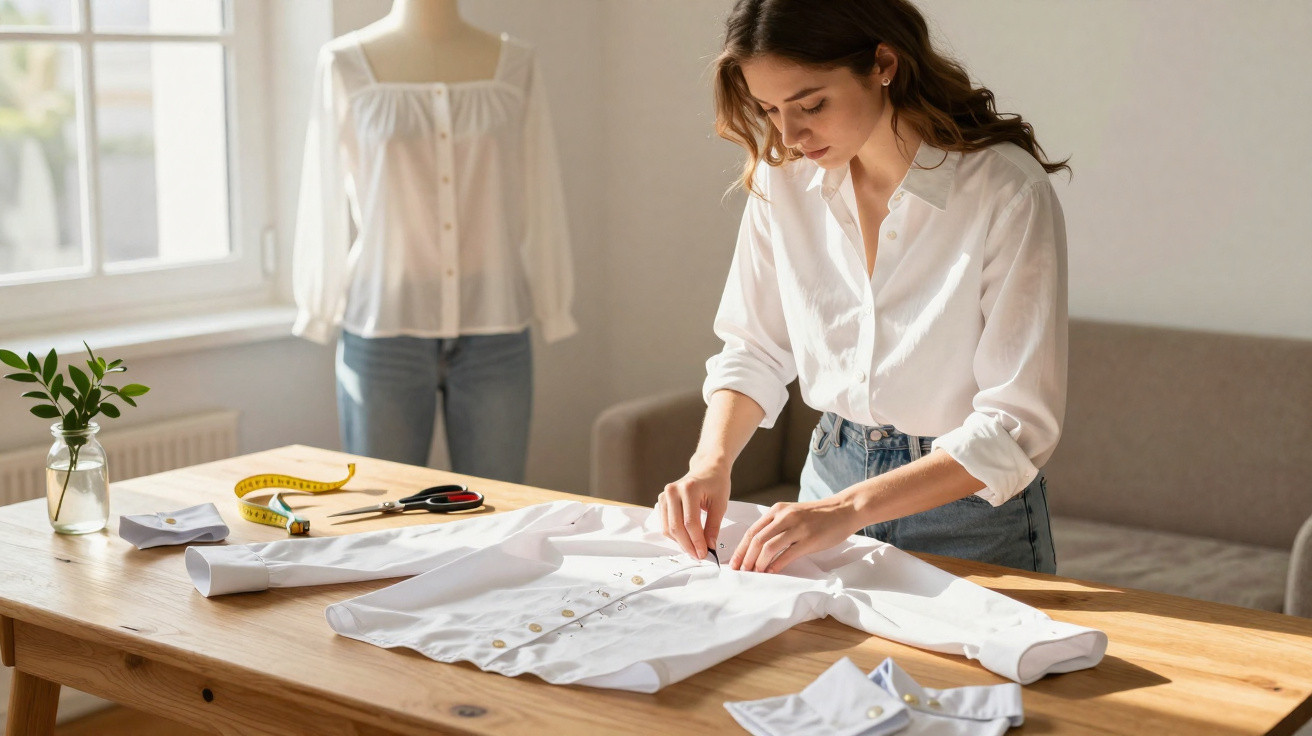 Mulher a coser botões numa camisa branca numa mesa de madeira iluminada pela luz natural.