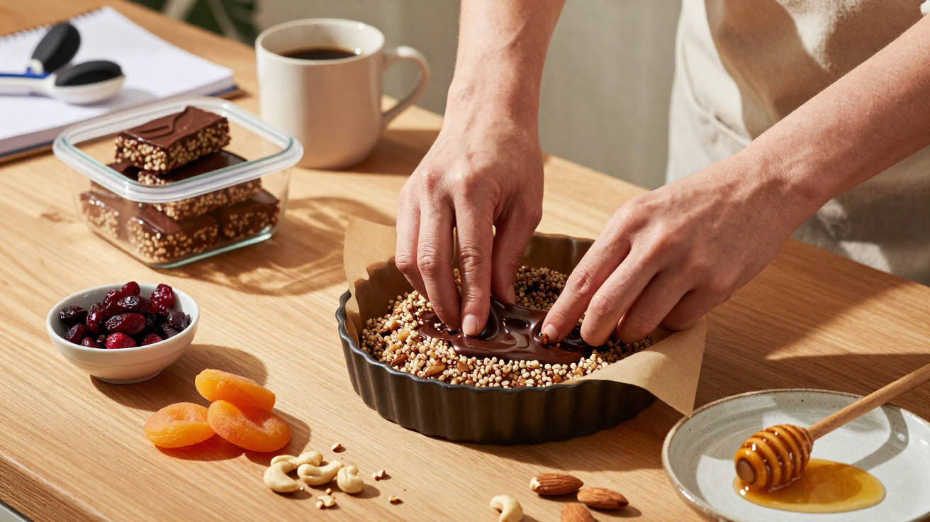 Mãos a preparar sobremesa com chocolate, frutos secos e mel numa mesa de madeira com chávena de café.