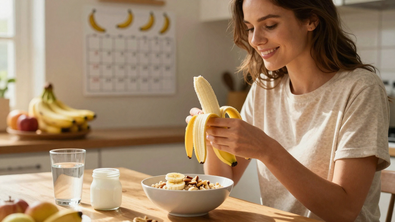 Mulher sorridente a descascar uma banana para colocar numa taça de cereais numa cozinha luminosa.