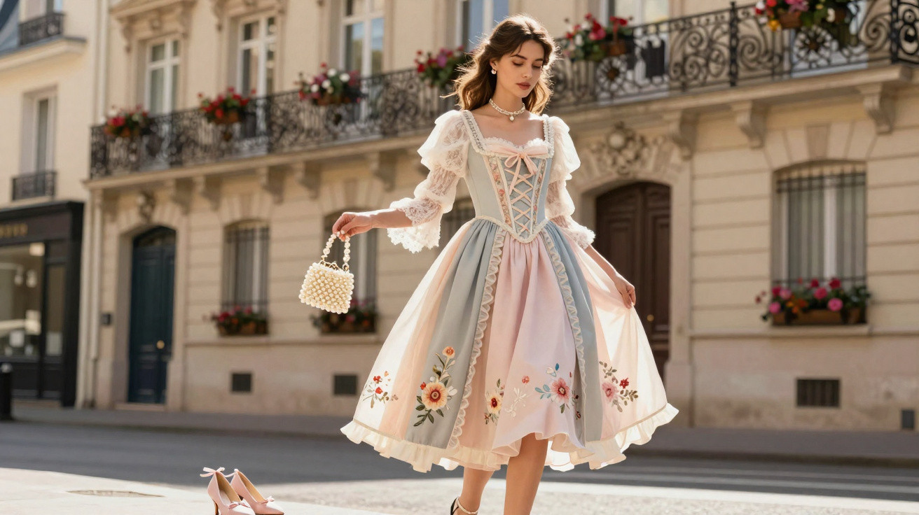 Mulher elegante com vestido vintage colorido e bordado floral, segurando mala pérola numa rua urbana.
