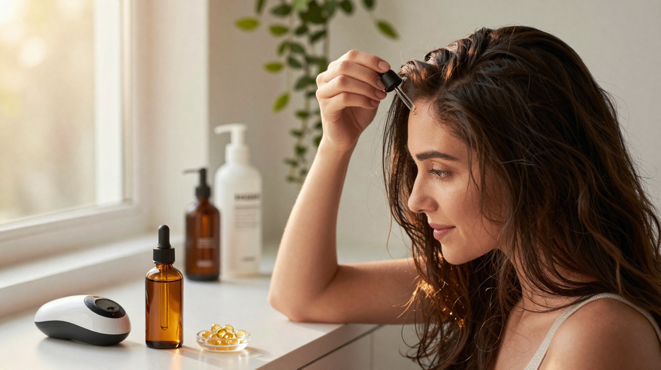 Mulher aplica sérum capilar com conta-gotas junto a janela com luz natural e frascos de produtos no balcão.