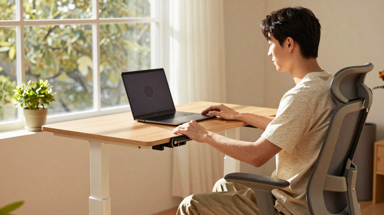 Homem a trabalhar num portátil sentado numa cadeira ergonómica junto a uma janela grande com plantas.