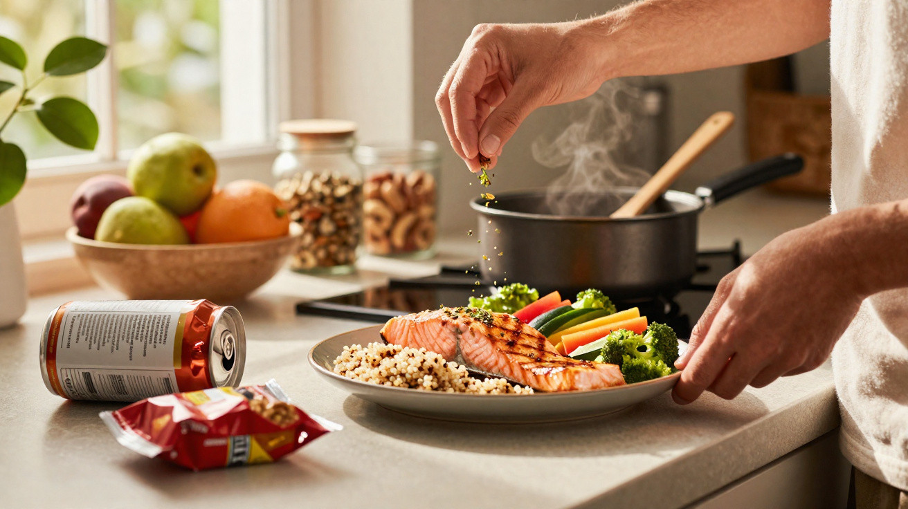 Pessoa a temperar prato com salmão grelhado, quinoa e legumes numa cozinha iluminada naturalment.
