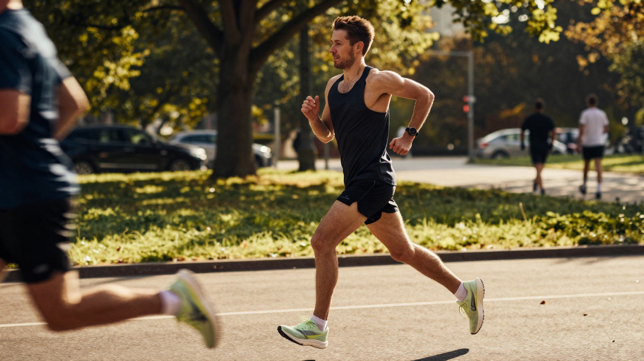 Homem a correr em parque urbano com roupa desportiva preta e ténis verdes claros ao amanhecer.