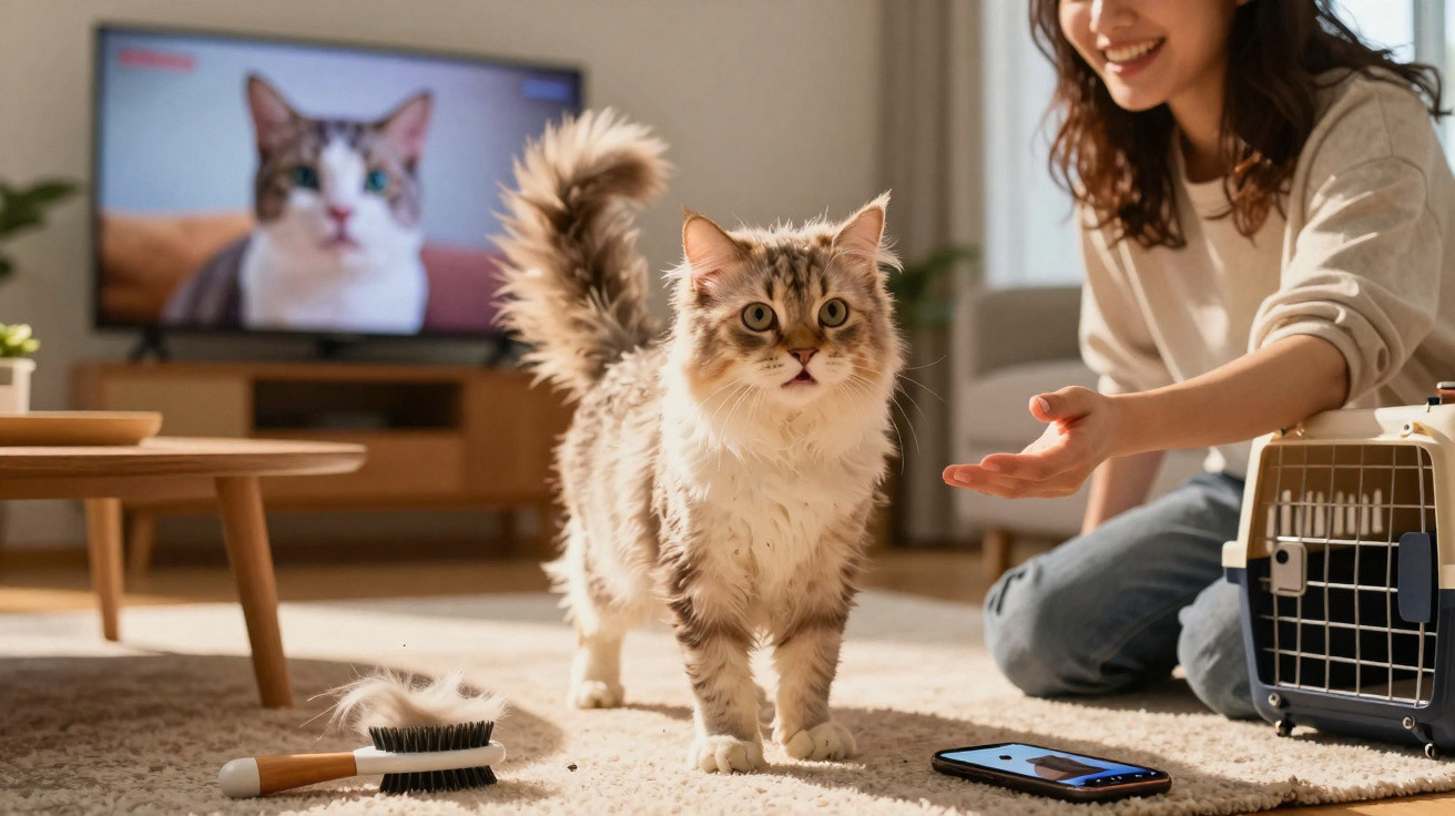 Gato em casa sobre tapete com mulher sorridente, escova, transportadora e televisão com imagem de gato ao fundo.