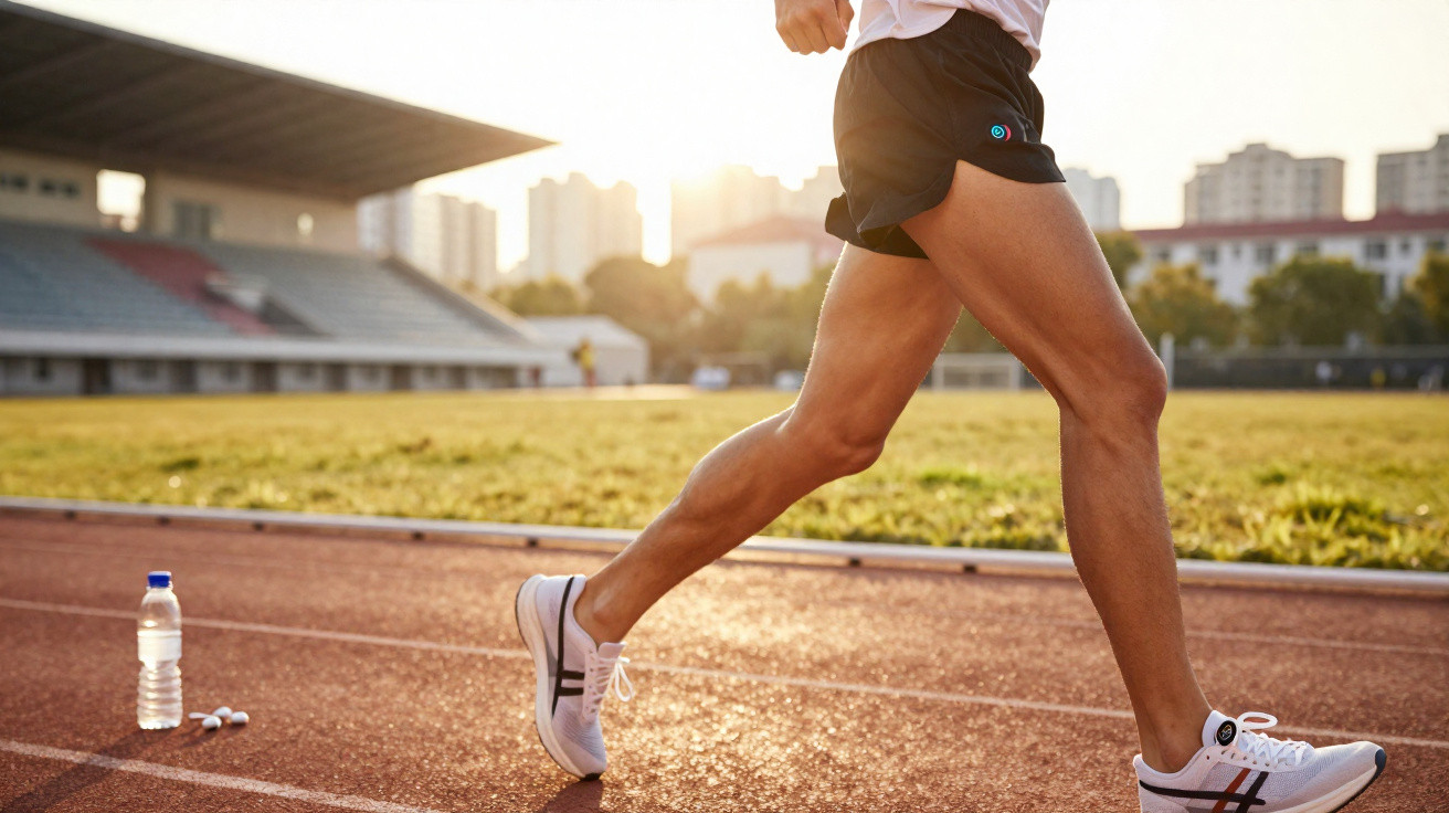 Pernas de pessoa a correr numa pista de atletismo ao ar livre ao pôr do sol.