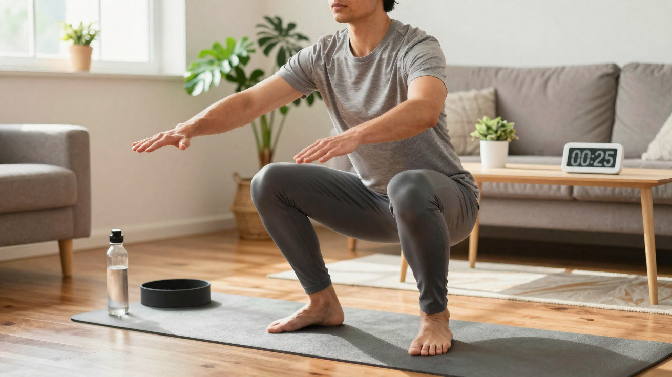 Homem a fazer agachamento em tapete de yoga numa sala com plantas e sofá.