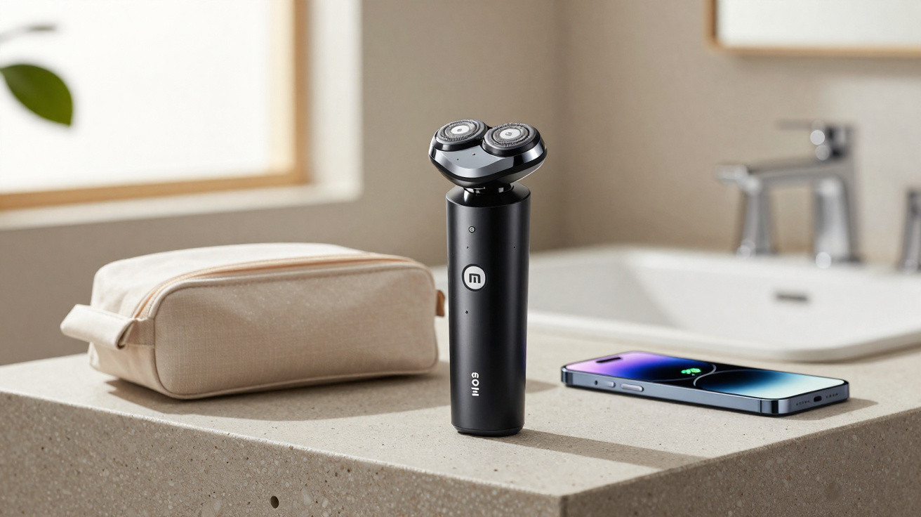 Barbeador elétrico preto, necessaire bege e smartphone numa bancada de casa de banho.