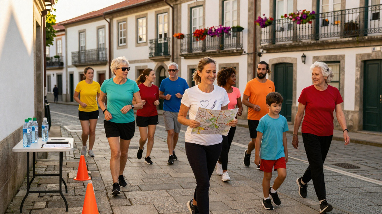 Grupo de pessoas de várias idades a caminhar e correr numa rua com casas e flores nos varandins.