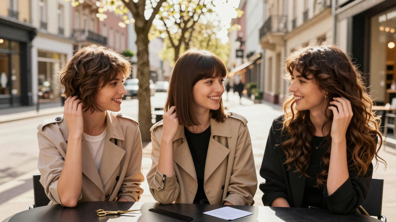 Três mulheres sorridentes sentadas numa esplanada urbana, vestindo casacos, conversando e a tocar no cabelo.