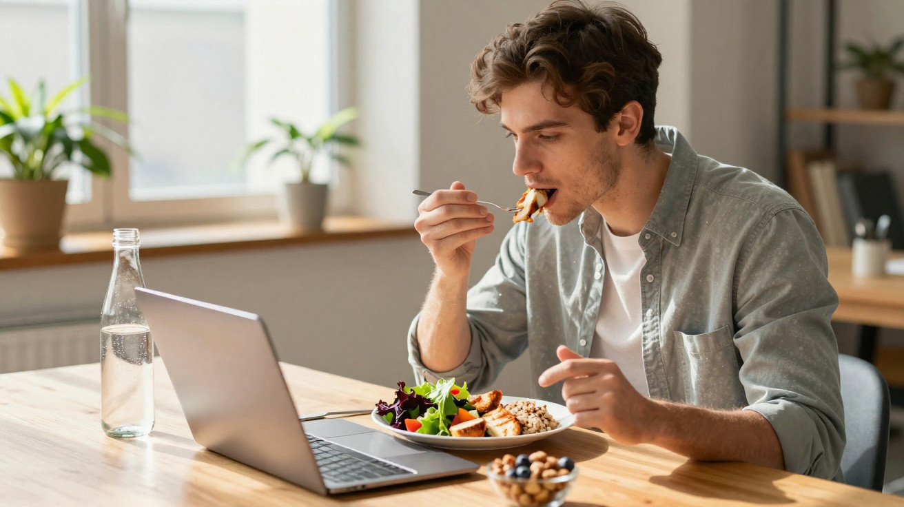 Homem jovem almoçando enquanto trabalha no portátil numa mesa com luz natural.