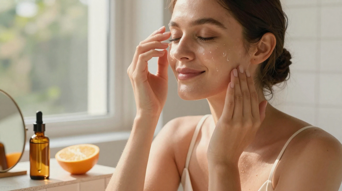 Mulher a aplicar sérum facial num ambiente luminoso, com expressão relaxada e olhos fechados.