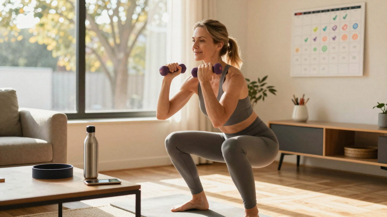 Mulher a fazer exercício com halteres em casa, em posição de agachamento, num ambiente luminoso e organizado.