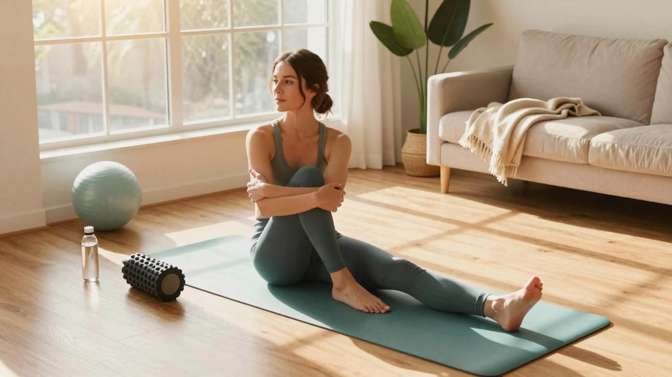 Mulher a alongar sentada num tapete de yoga numa sala iluminada e acolhedora.