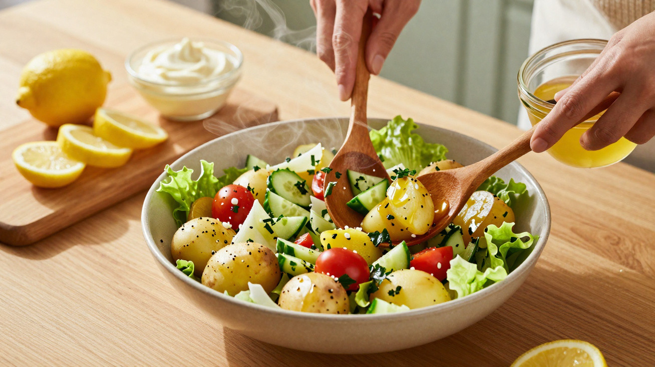 Salada colorida com batatas, tomate cherry, pepino e alface, temperada com molho e limão.