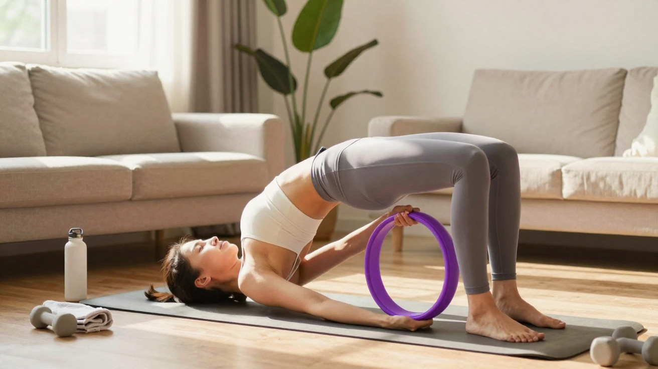 Mulher a praticar exercícios de ponte com aro de pilates numa sala de estar iluminada.