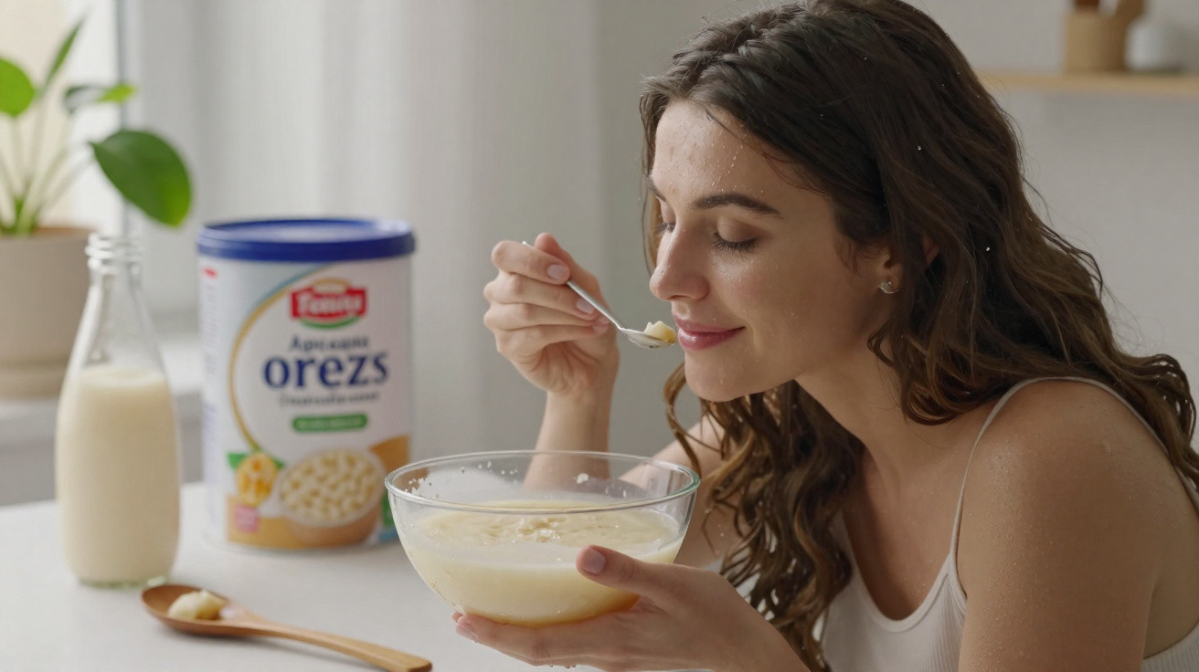 Mulher a saborear uma taça de papa de aveia com leite na cozinha, com embalagem e garrafa ao fundo.
