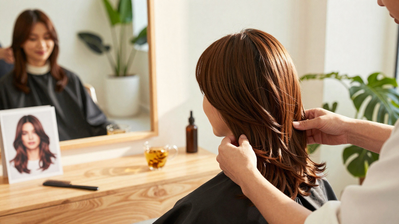 Cliente sentada numa cadeira de cabeleireiro enquanto profissional toca no seu cabelo castanho liso.