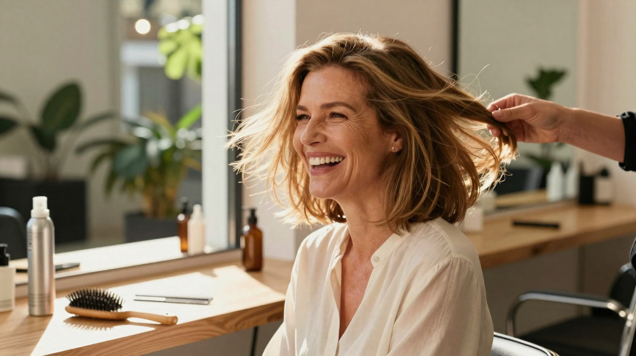 Mulher sorridente a ser penteada num salão de cabeleireiro com luz natural e plantas ao fundo.