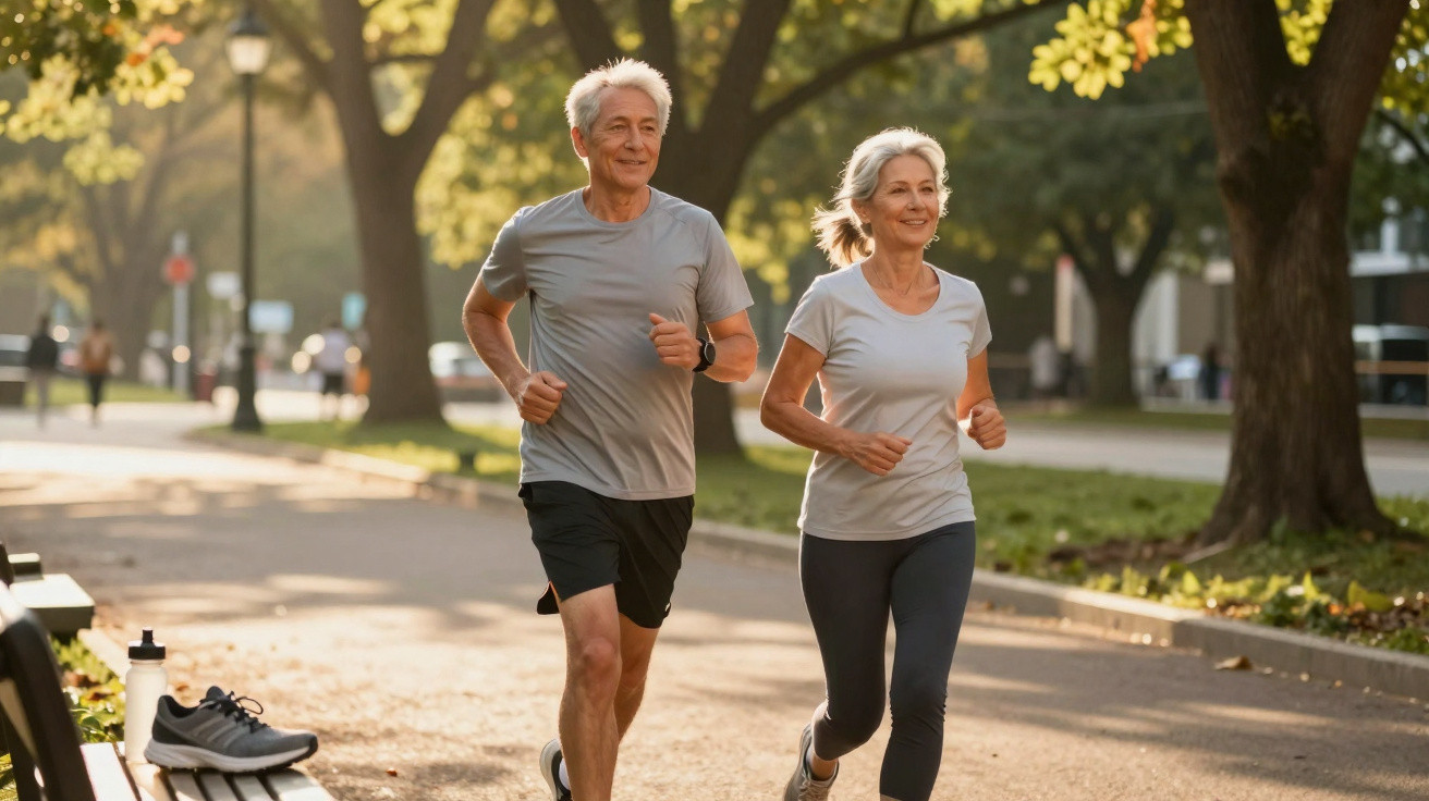 Casal sénior a correr junto num parque com árvores e luz solar suave ao fim da tarde.
