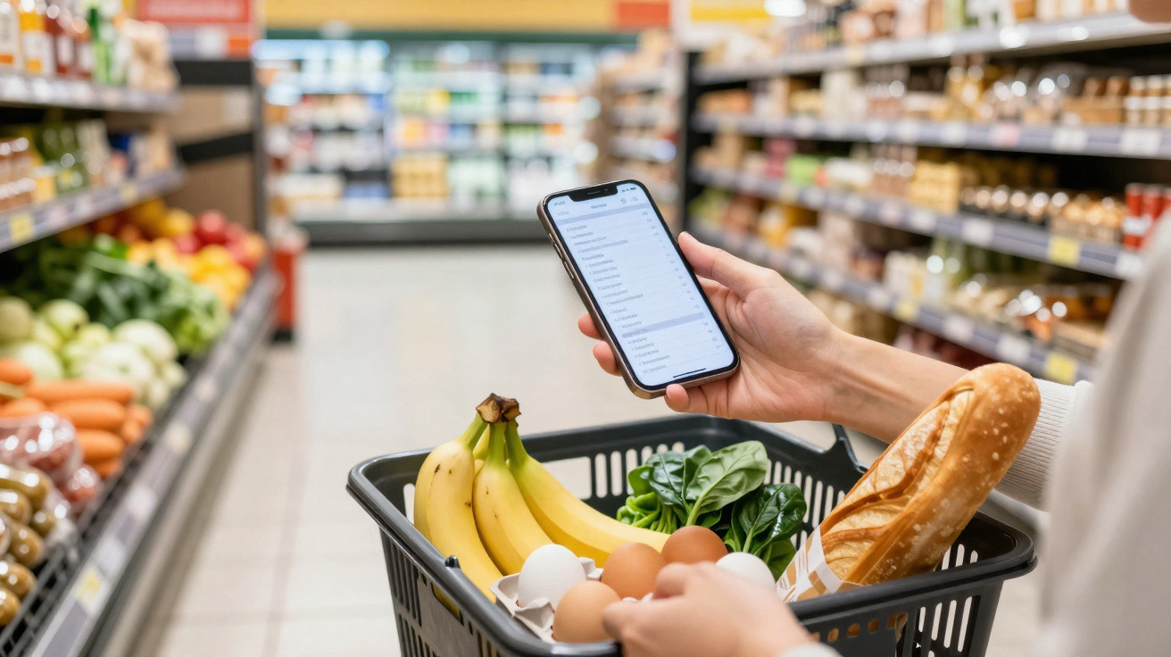 Pessoa a fazer compras no supermercado com cesto cheio de alimentos e telemóvel na mão.