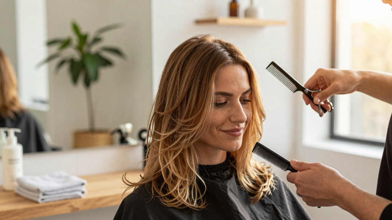 Mulher sorridente a receber corte de cabelo num salão, com cabeleireiro a usar pente e tesoura.