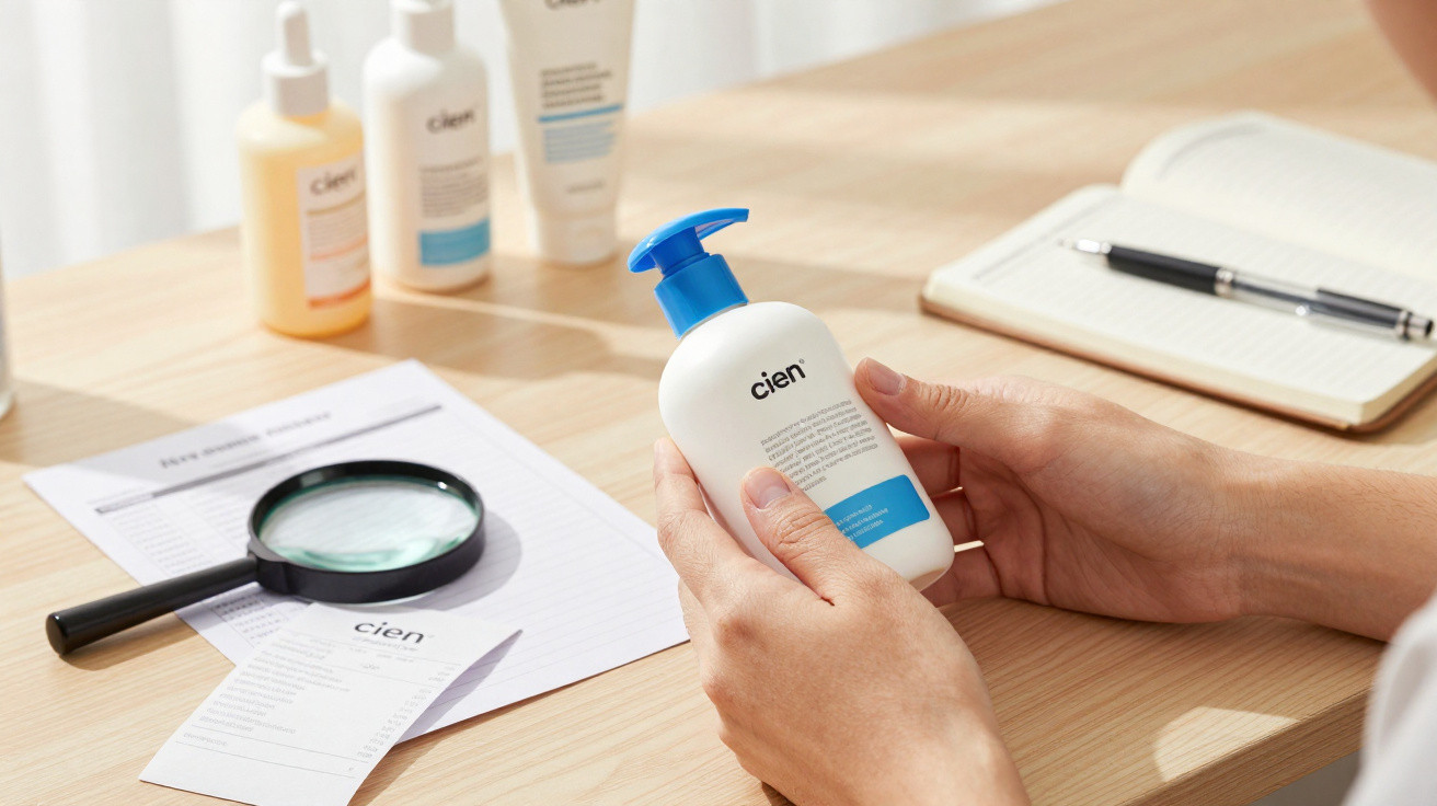 Mãos segurando creme hidratante Cien sobre secretária com lupa, papéis e cadernos ao fundo.