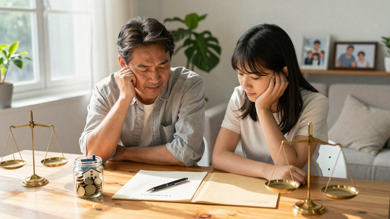 Homem e mulher asiáticos preocupados a analisar documentos financeiros numa mesa com balanças e moedas.