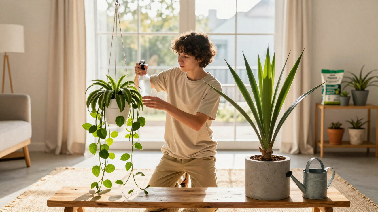 Jovem a regar plantas de interior num ambiente luminoso e acolhedor perto de grande janela.