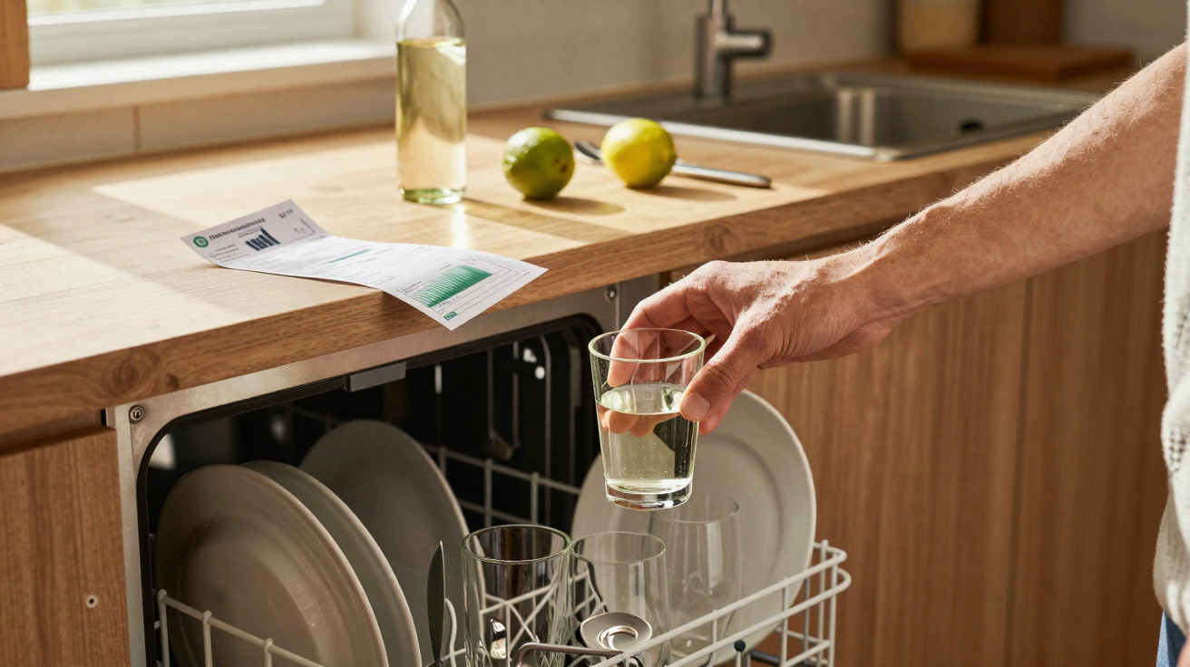 Pessoa a retirar copo da máquina de lavar loiça numa cozinha com bancada e limões.