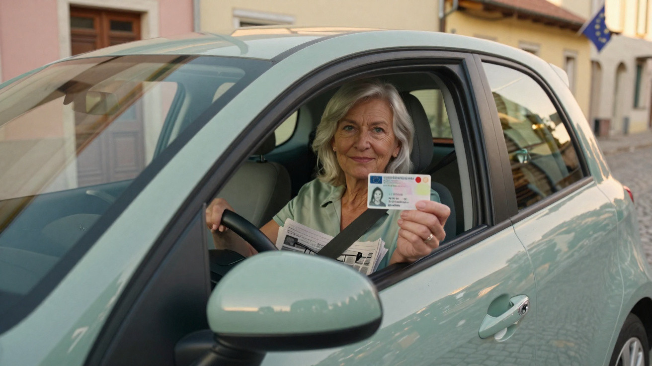 Mulher idosa sentada num carro, a mostrar uma carta de condução, com cinto de segurança colocado.