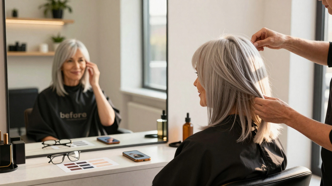 Mulher com cabelo grisalho sentada em cabeleireiro a ser penteada por profissional, olhando para espelho.