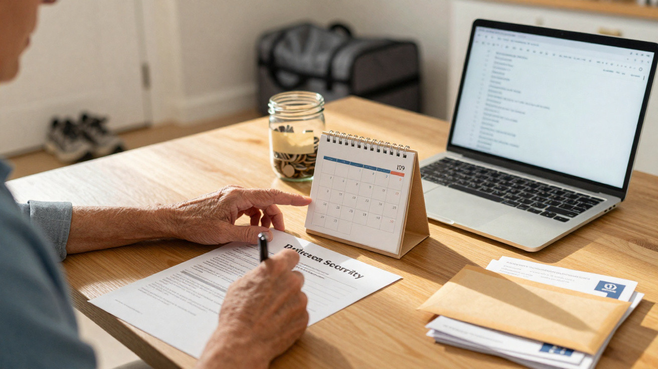 Pessoa a preencher formulário de inscrição com laptop, calendário e jarro com moedas numa mesa de madeira.