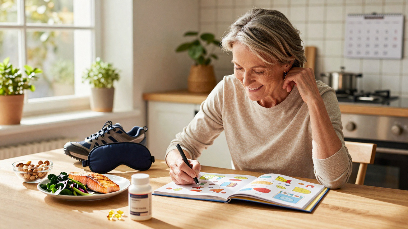 Mulher sorridente a pintar num livro de atividades, com comida saudável e suplementos na mesa.
