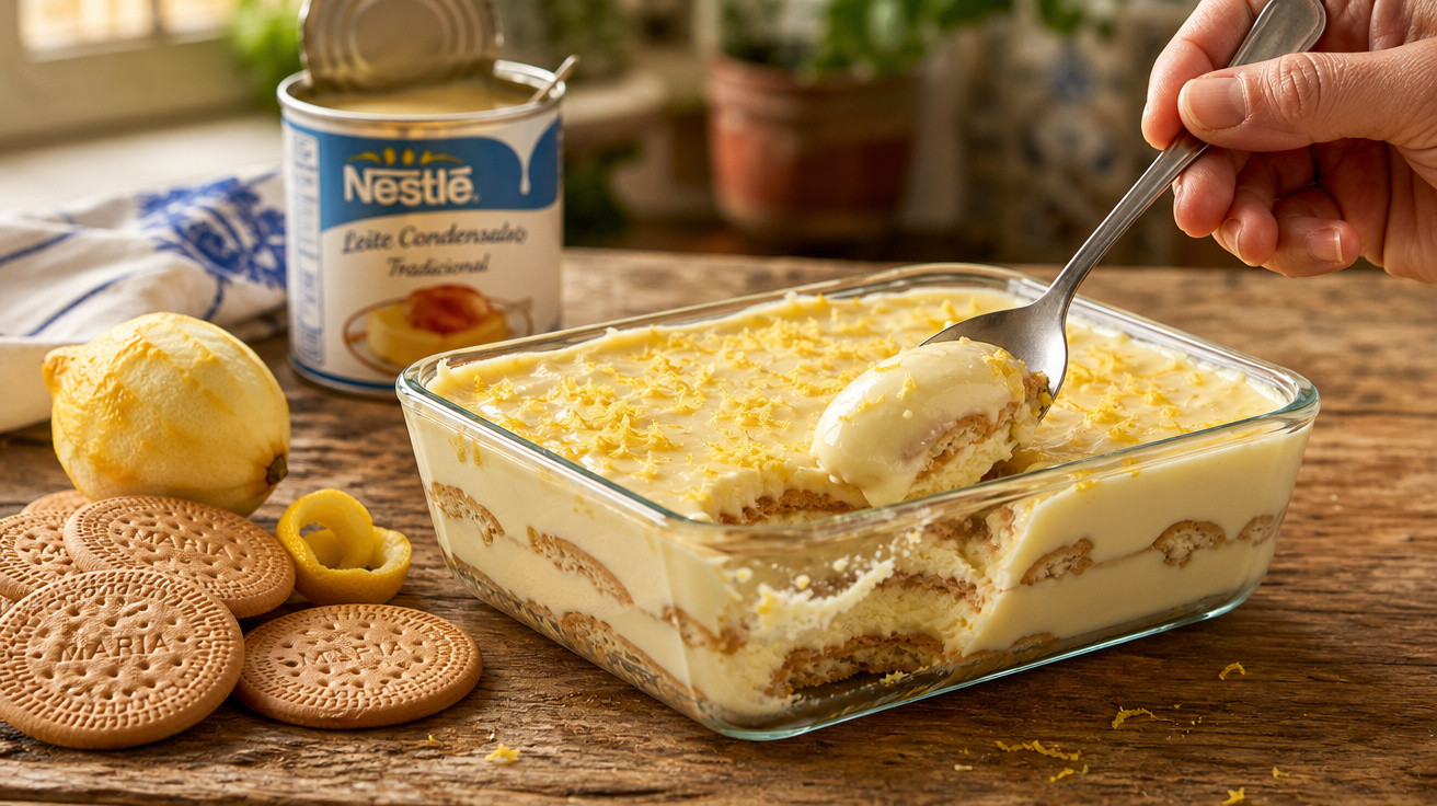 Doce de limão com bolachas Maria, leite condensado e raspas de limão em prato de vidro, mão com colher a servir.