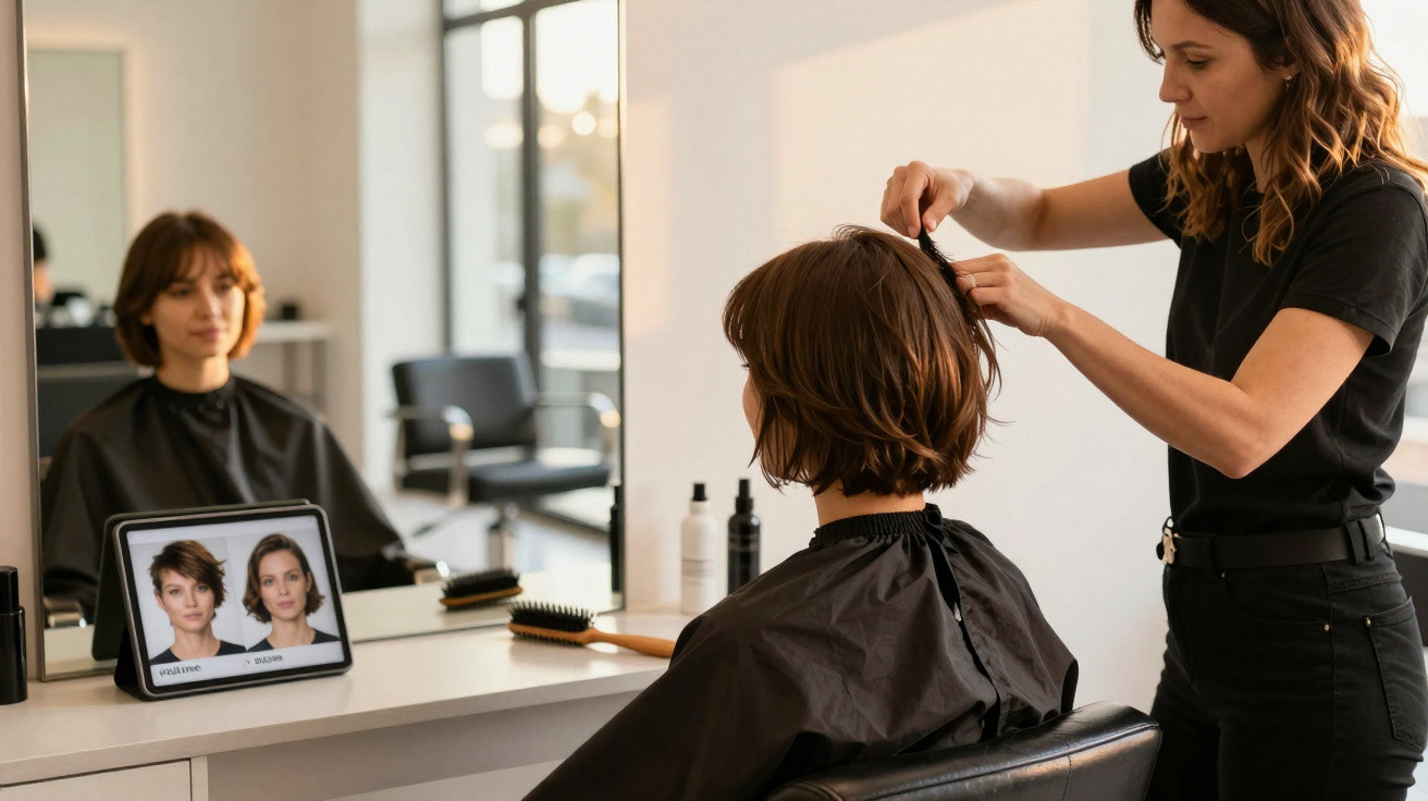 Mulher sentada em cadeira de salão, cabeleireira penteia cabelo curto para novo estilo.
