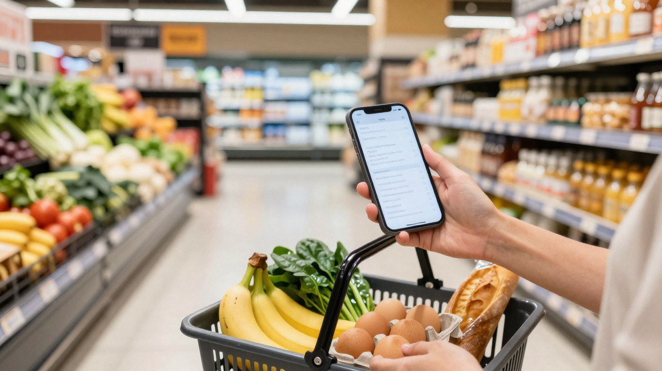 Pessoa a segurar telemóvel e carrinho de compras com frutas, ovos, pão e legumes num supermercado.