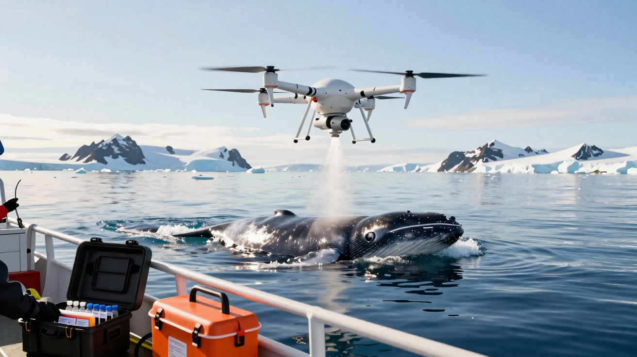 Drone filmando uma baleia à superfície junto a um barco numa paisagem gelada com montanhas e gelo no mar.