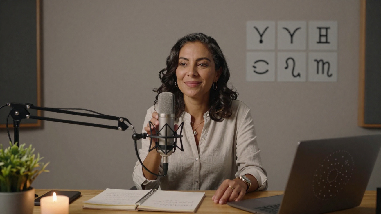 Mulher a gravar podcast com microfone, caderno, portátil, vela acesa e planta numa secretária.