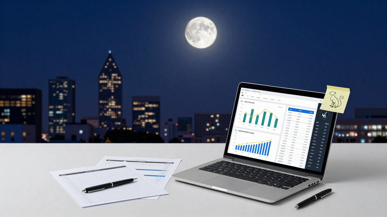 Computador portátil com gráficos, folhas e canetas numa mesa ao ar livre à noite com a lua cheia e cidade ao fundo.