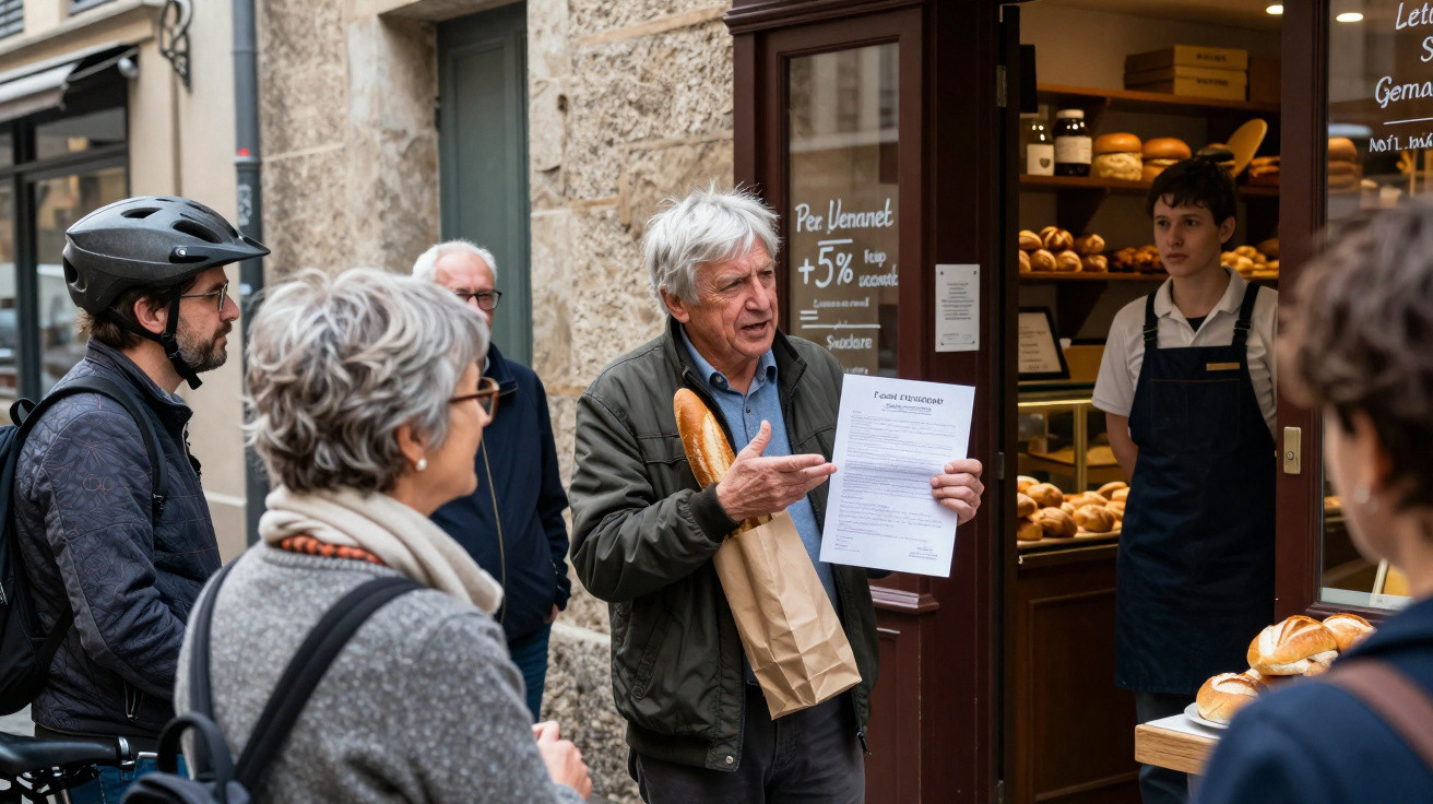 Homem com papel na mão e pão conversa com grupo fora de pastelaria tradicional numa rua de pedra.