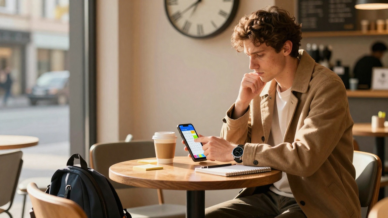 Jovem sentado numa cafeteria, a usar smartphone e a consultar notas num caderno à sua frente.