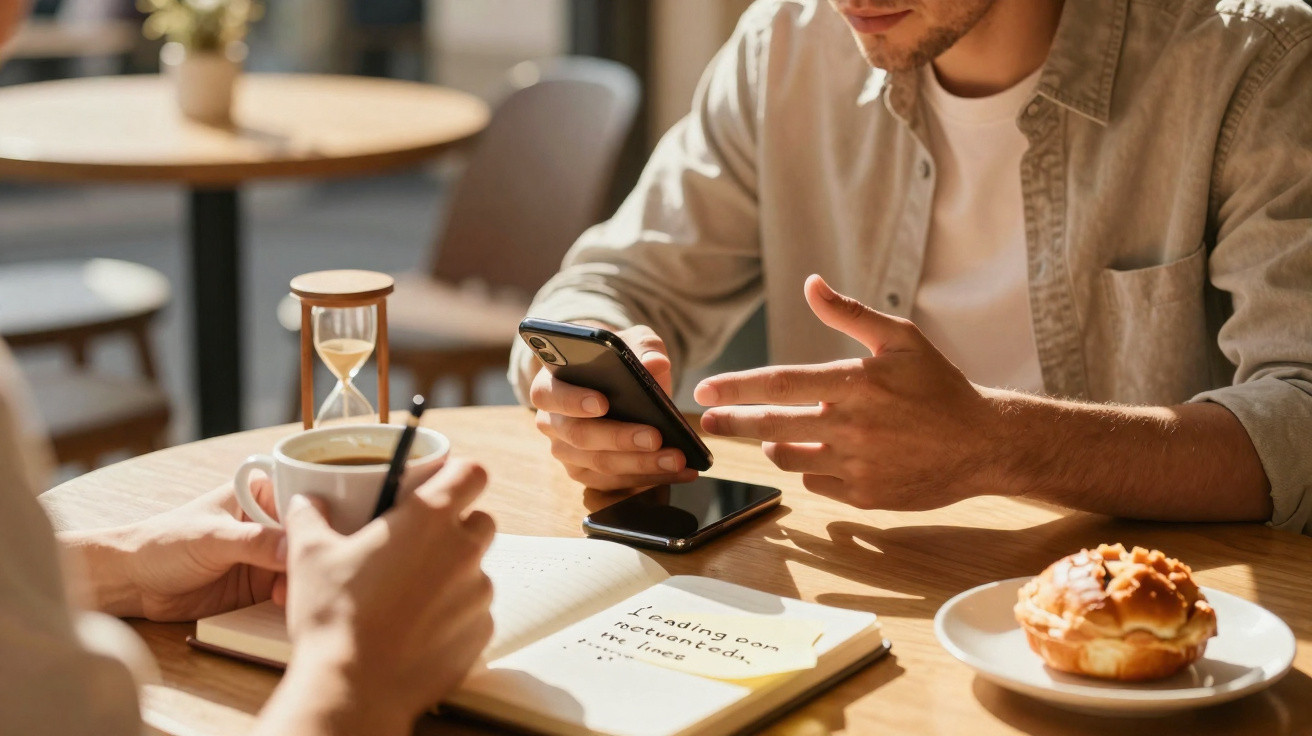 Duas pessoas numa mesa de café com caderno, telemóveis, chávena de café e pastel, debatendo ideias.