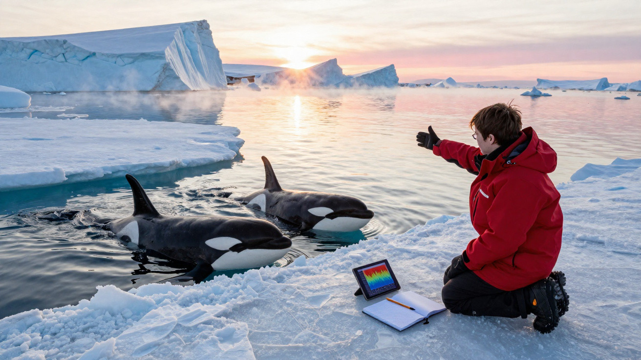 Criança em casaco vermelho interage com duas orcas perto de icebergues num mar gelado ao pôr do sol.